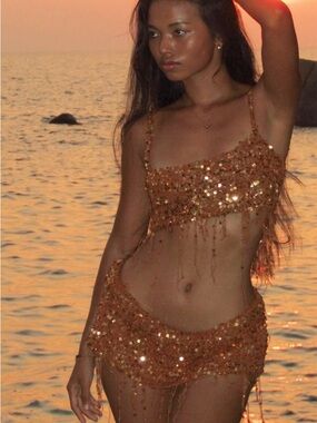 Chalay Sequin Fringe Two-Piece Beach Set - Metallic Bronze